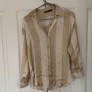 ZARA Beige & Cream Satin-Striped Button-Front Shirt